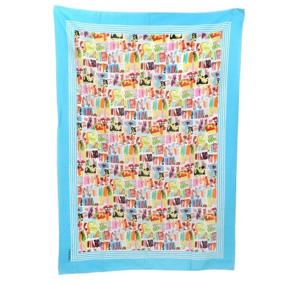 Chanel Square Jumbo Scarf Light Blue Black 100% Cotton Italy 88 - Picture 1 of 5